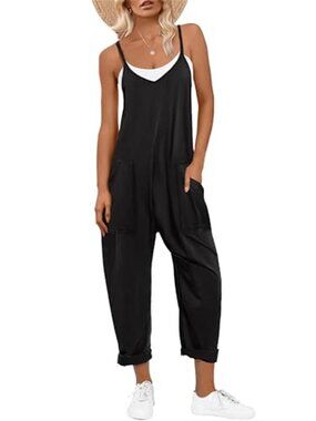 Womens Baggy Jumpsuit Sleeveless V Neck Wide Leg Romper Casual Overalls Pants